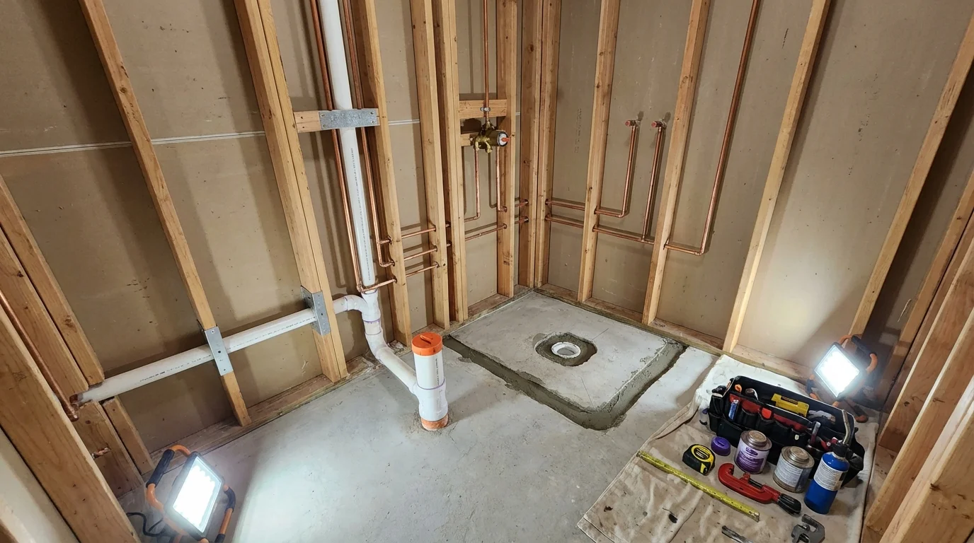 Bathroom rough-in plumbing during remodel by Johns Plumbing LLC in Vernonia