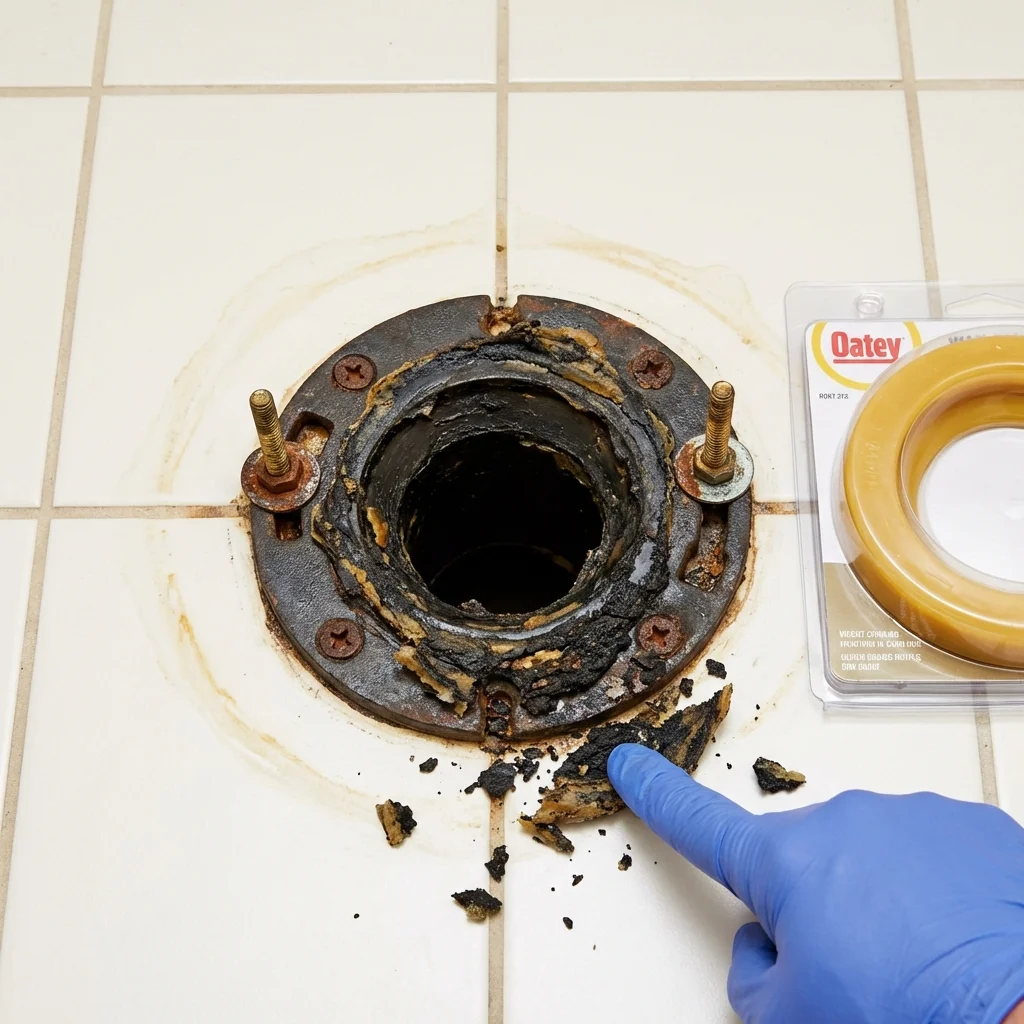 Failed wax ring showing water seepage at the base of a toilet in a Vernonia, OR home