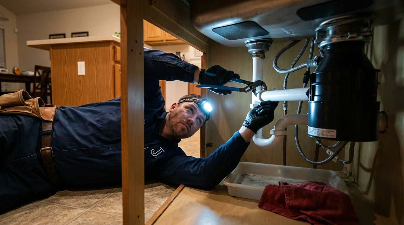 P-trap and supply line connections under a kitchen sink showing a common leak point in Vernonia, OR